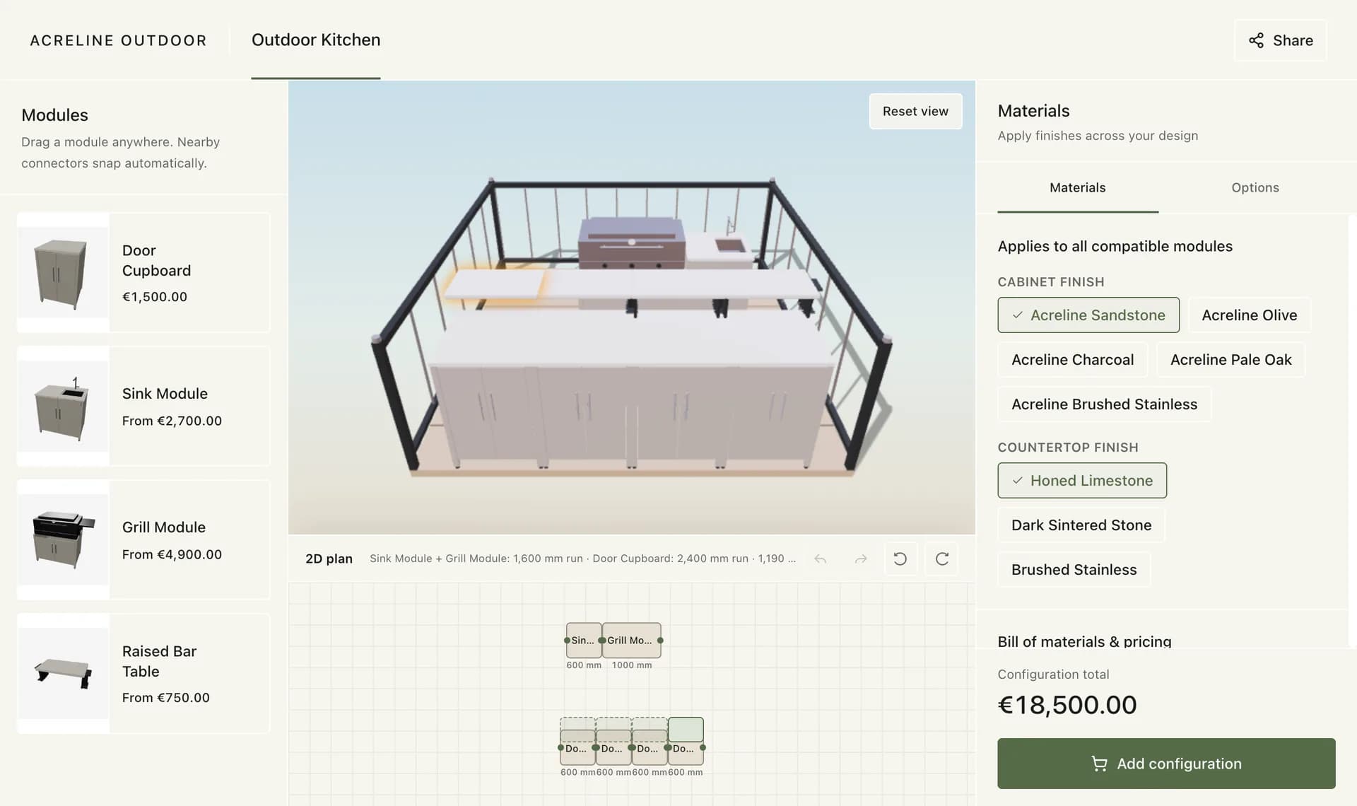 The generated Acreline configurator with an outdoor kitchen in 3D, module choices, materials, a 2D plan, and its sample price
